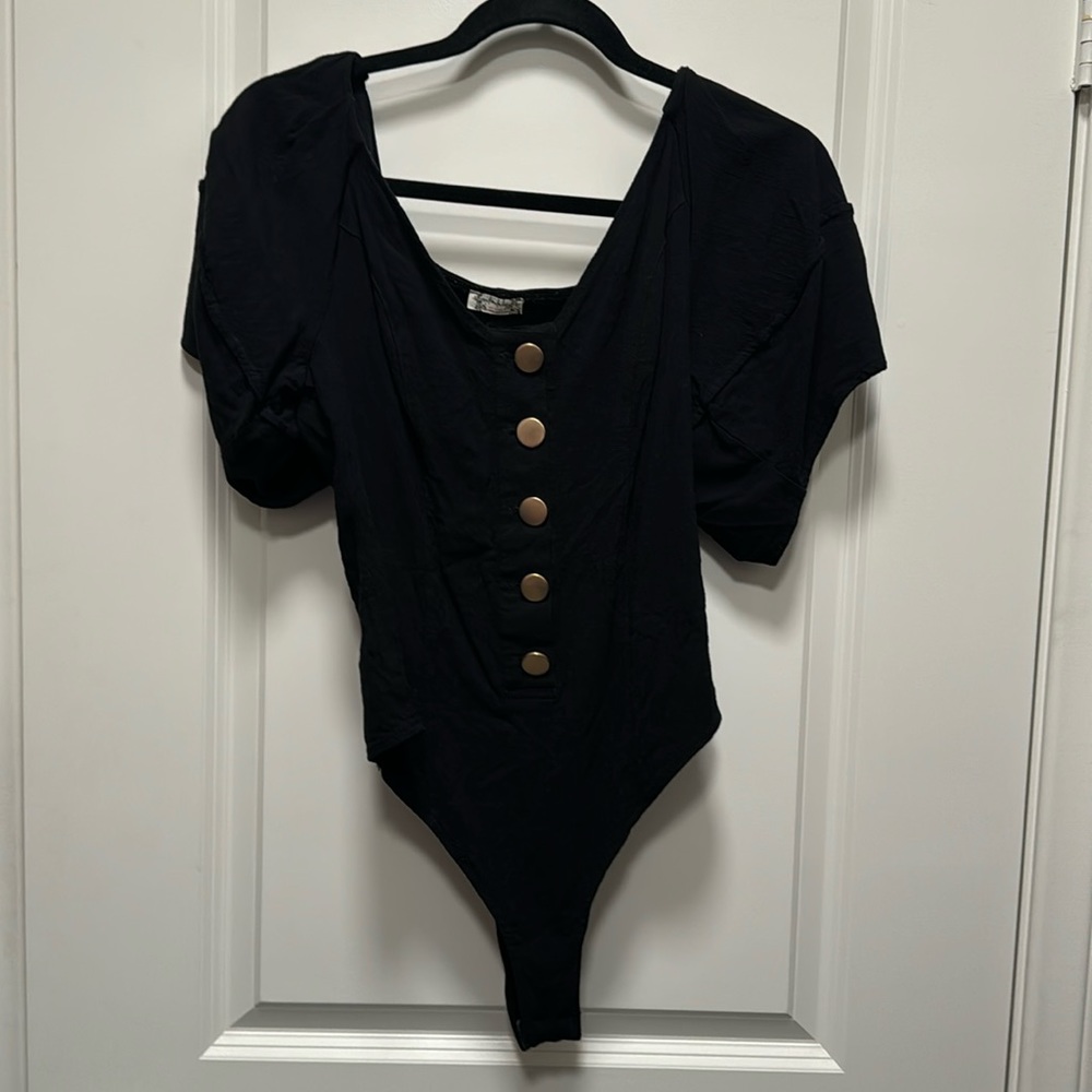 Free People Puff Sleeve Bodysuit with Gold Buttons